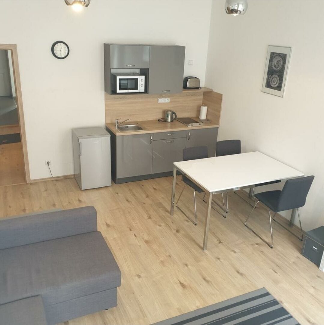 A compact kitchen with a microwave, toaster, and sink. There's a small refrigerator, a dining table with chairs, and a grey sofa.