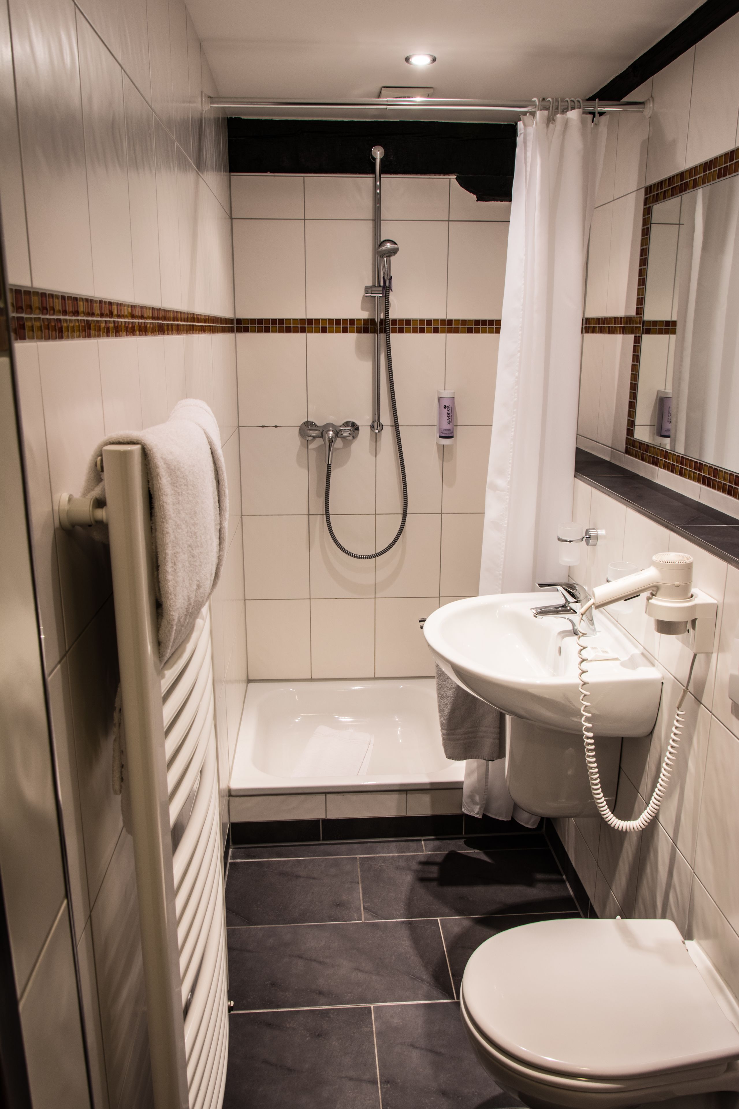 double room single use | bathroom | shower, free toiletries, hair dryer, towels