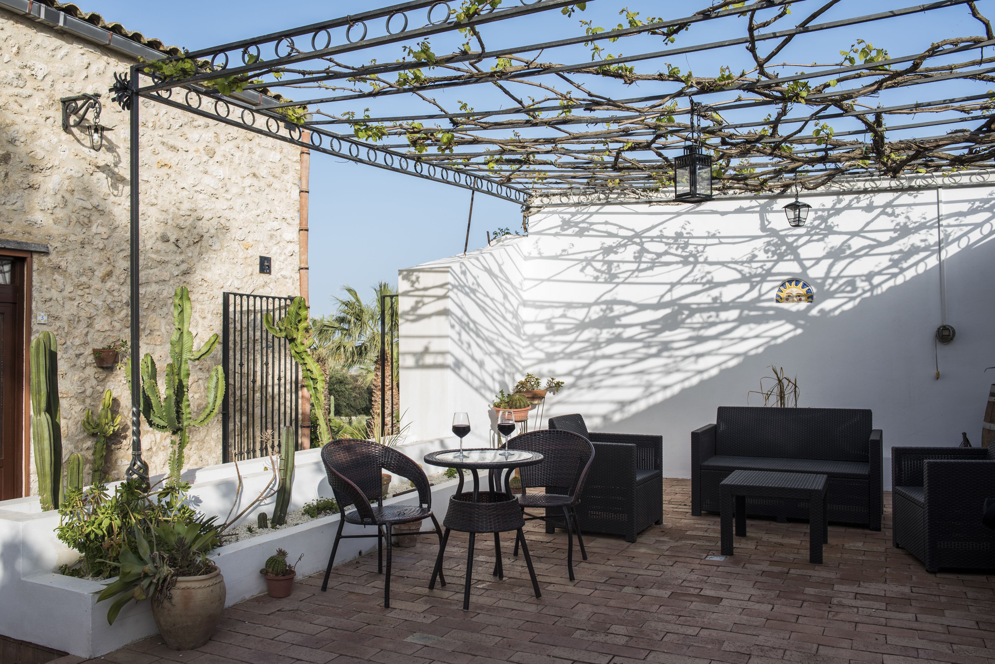 Een terras met een tafel en stoelen, een zwarte bank en een pergola begroeid met wijnranken.