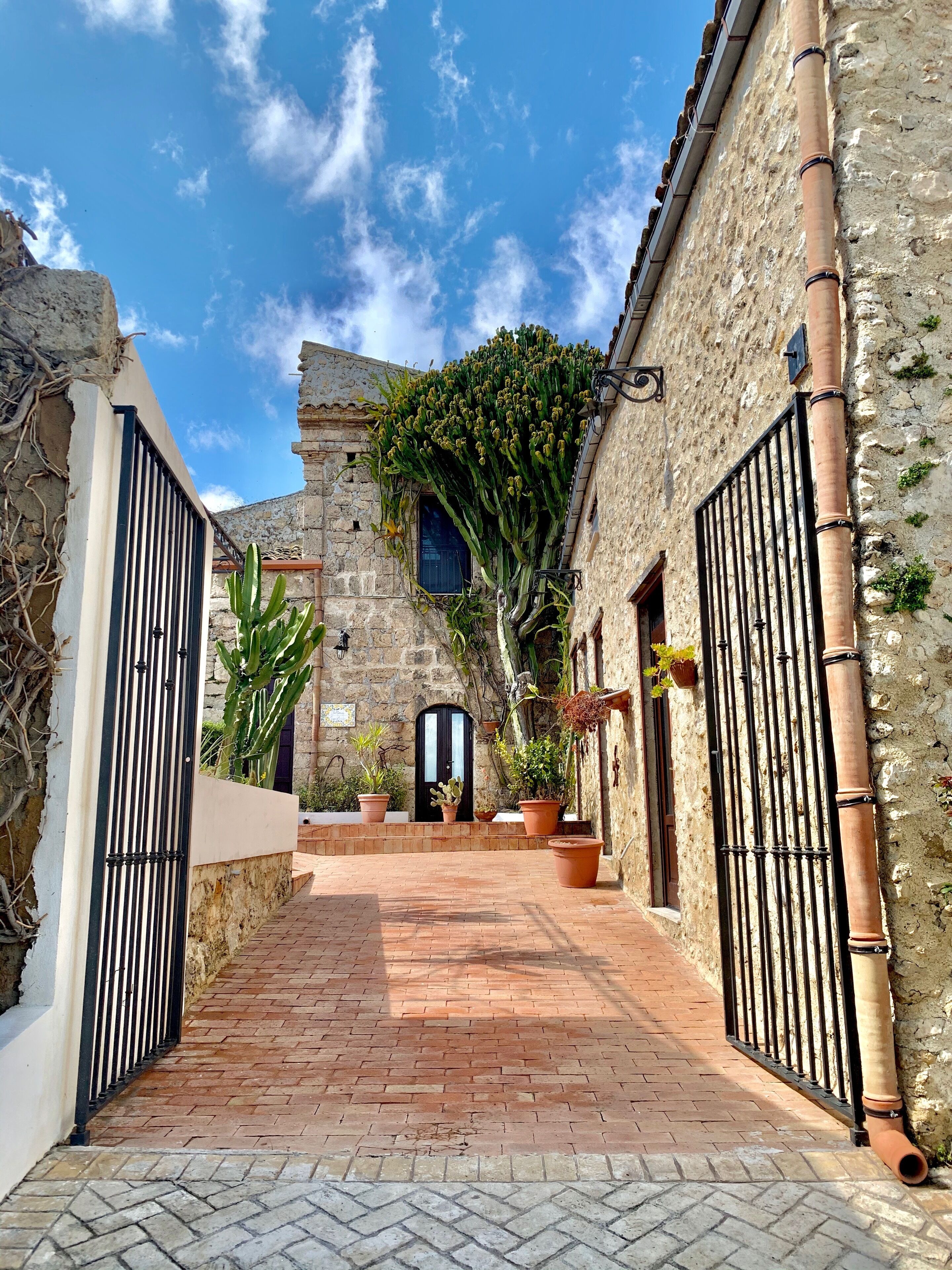 Une cour avec un chemin en briques menant à un bâtiment doté d’une porte et de fenêtres noires. Des plantes en pot et un cactus bordent le chemin.