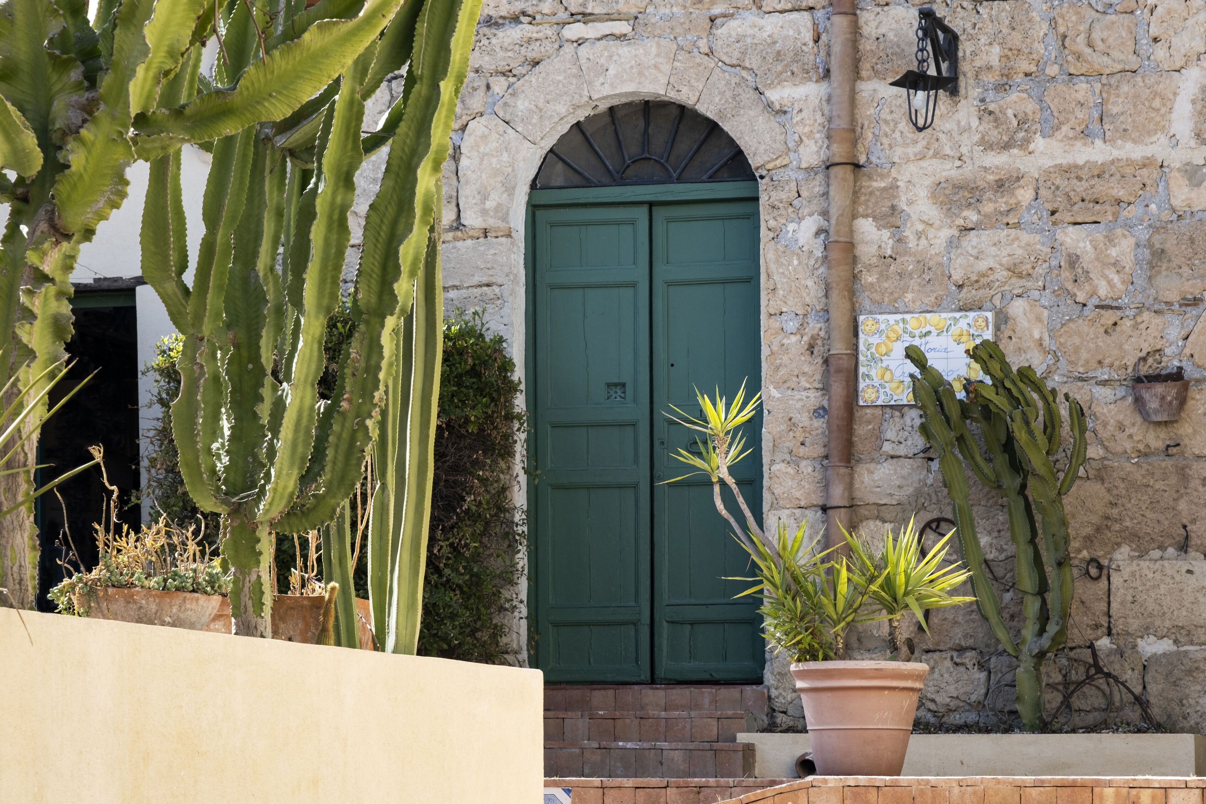 Un edificio de piedra con una puerta verde, plantas en macetas y una lámpara fijada a la pared.