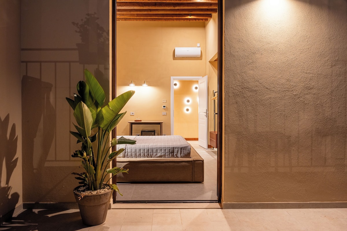 Une pièce avec un lit, une plante en pot, une porte avec des lumières et un climatiseur fixé au mur.