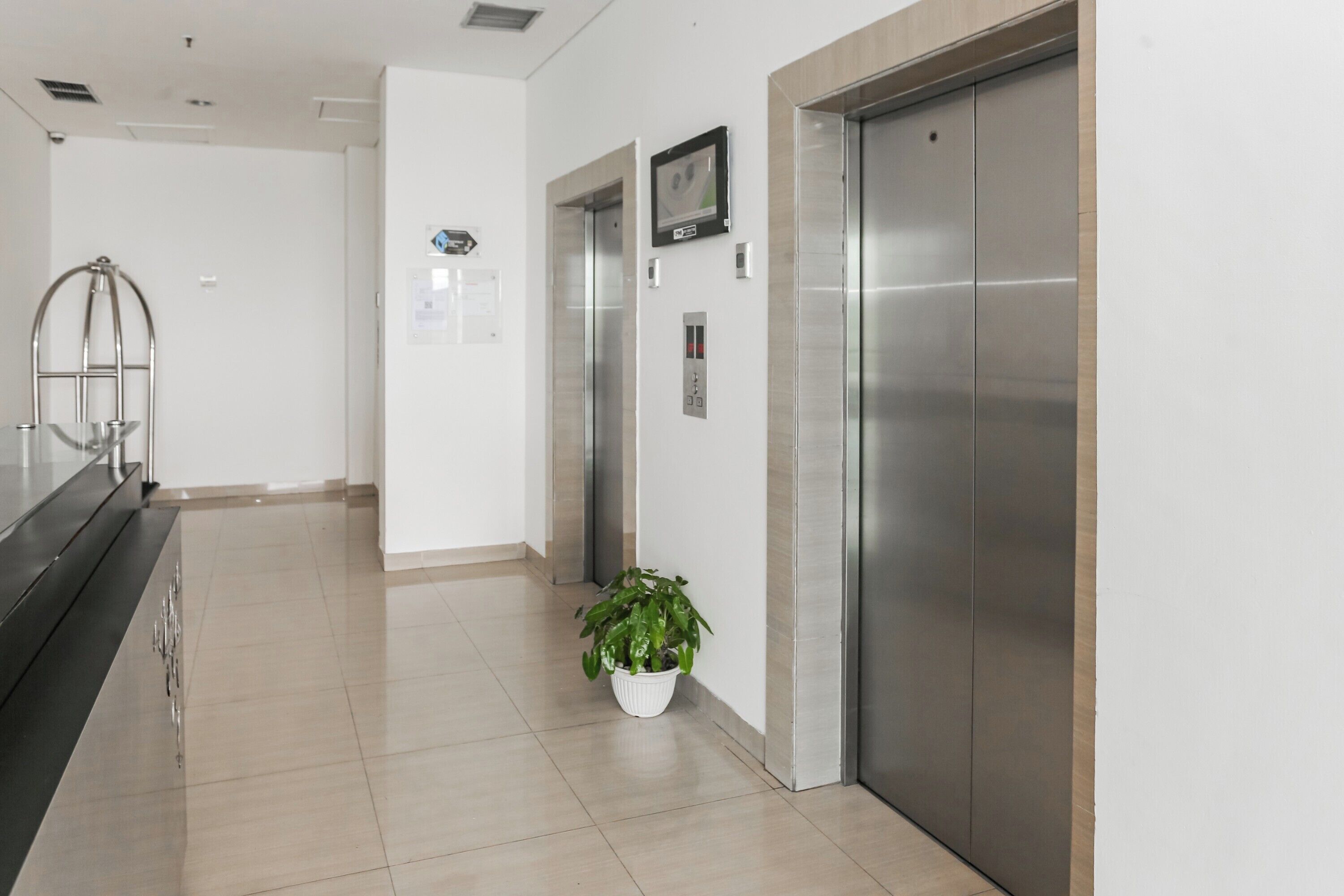 Un área de ascensor moderna con una planta en maceta, una pantalla en la pared y una puerta de ascensor metálica.