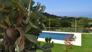 Ein Pool mit freiem Blick auf die umliegende Landschaft, darunter eine Kakteepflanze und ein Zaun.