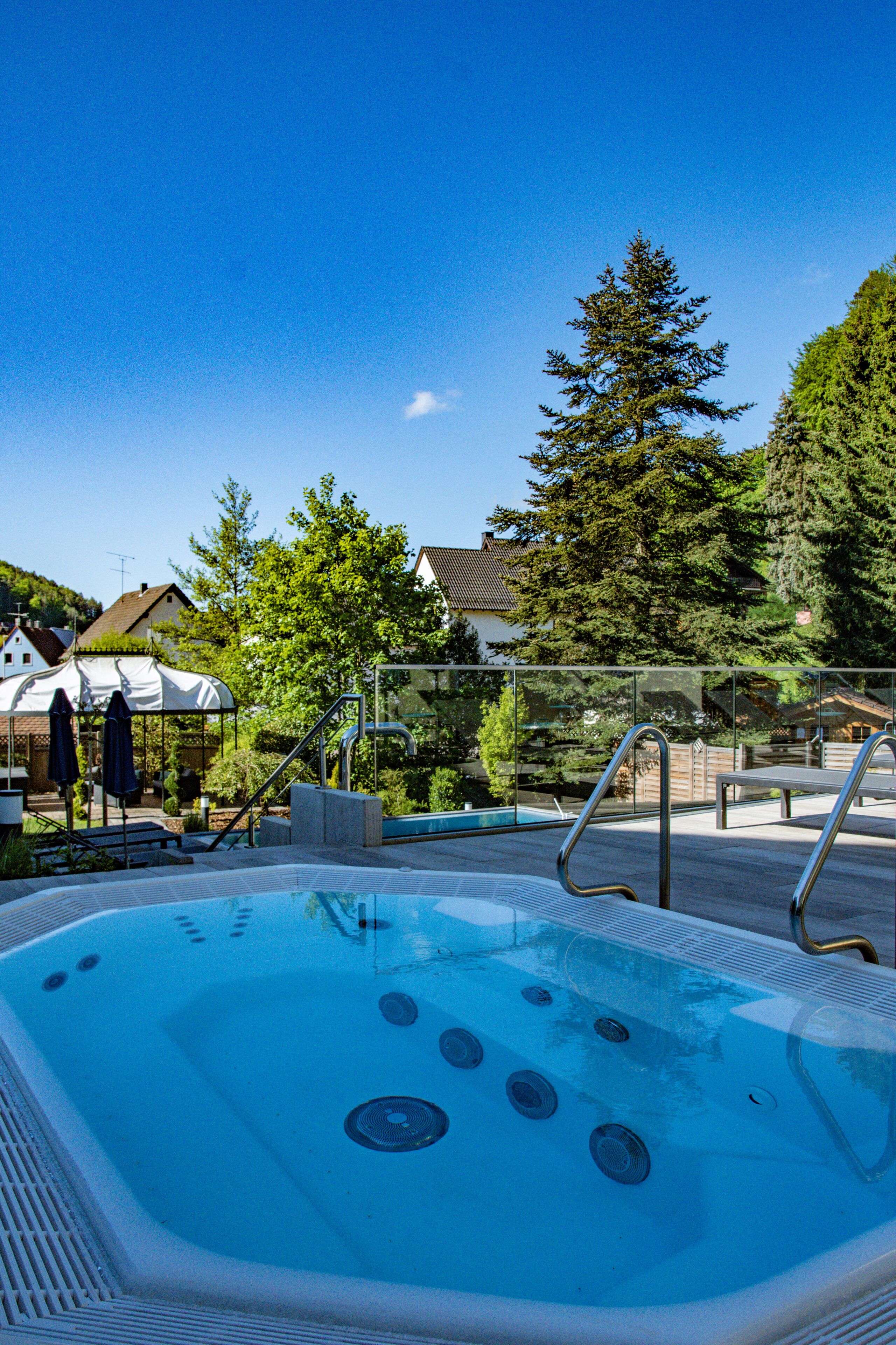 Un jacuzzi con cerramiento de vidrio, rodeado por una piscina, árboles y casas al fondo.