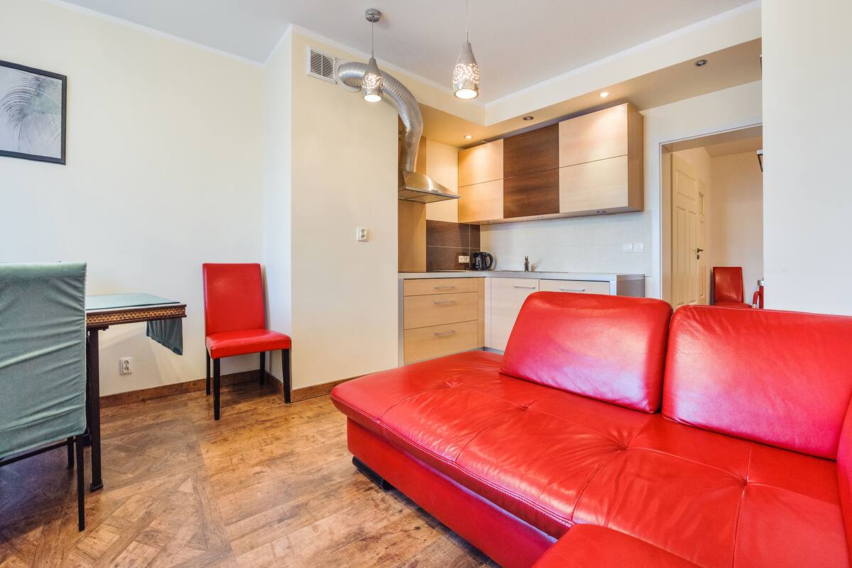 Een compacte leefruimte met een rode leren bank, een eettafel met een stoel, en een kitchenette op de achtergrond.