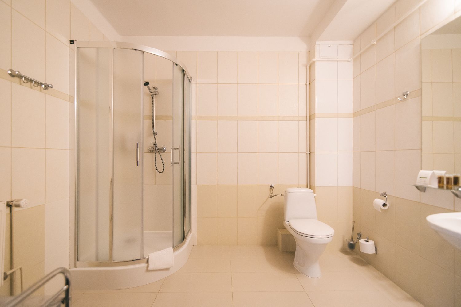 A bathroom with a glass-enclosed shower, a toilet, and a sink.