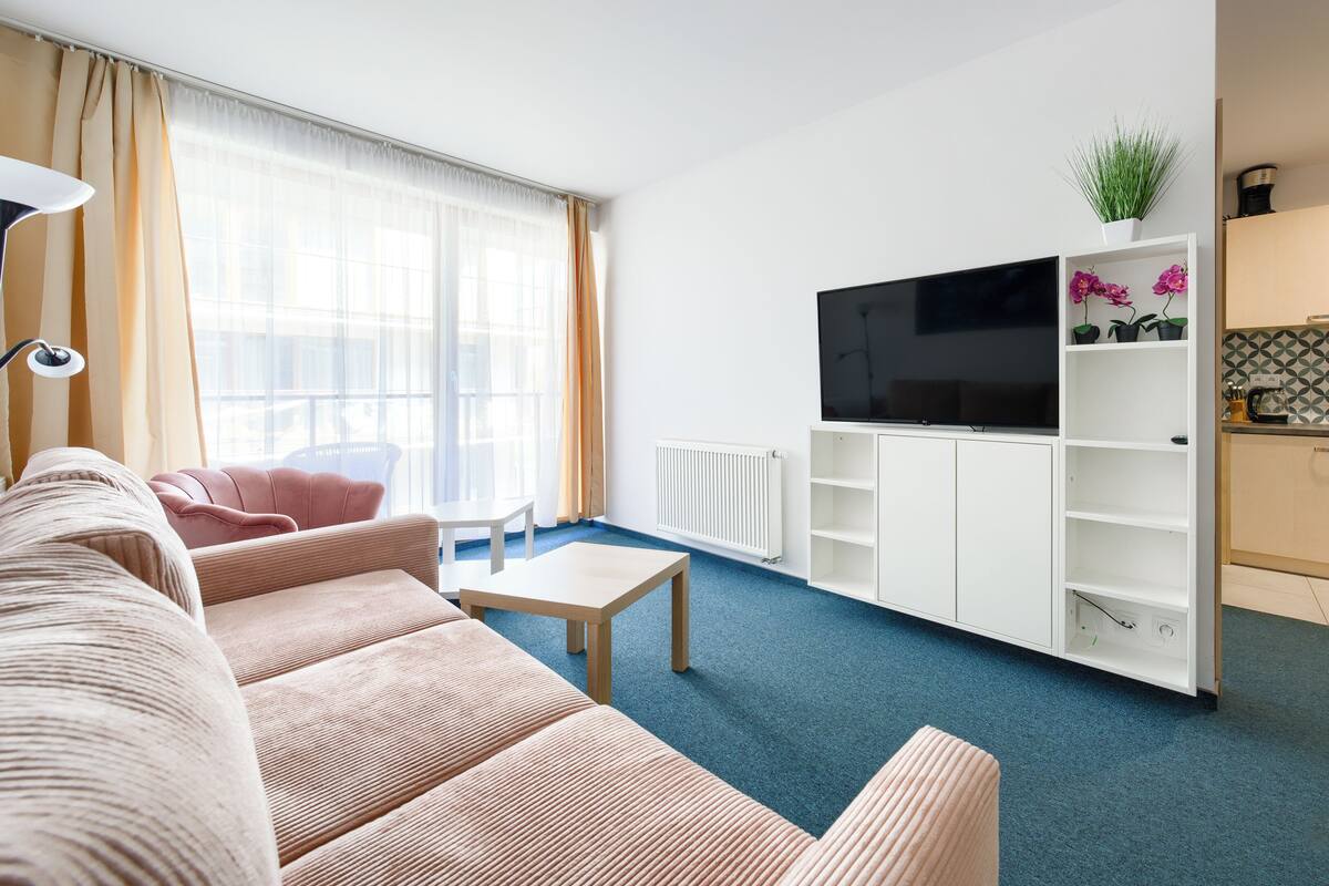 A modern living room with a sofa, a coffee table, and a TV. There is a kitchen area with cabinets and a countertop.