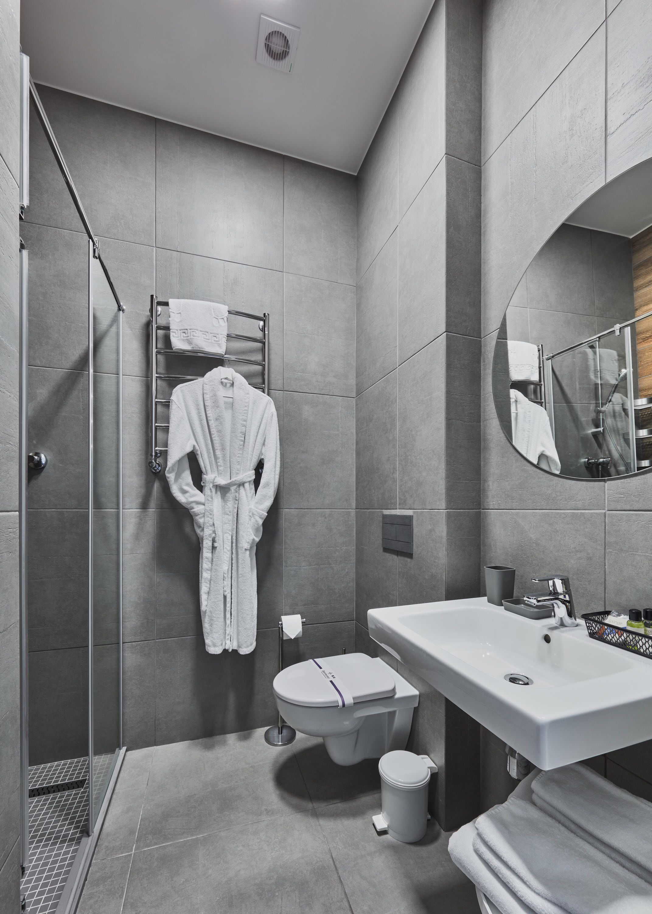A modern bathroom with a walk-in shower, a toilet, and a sink.