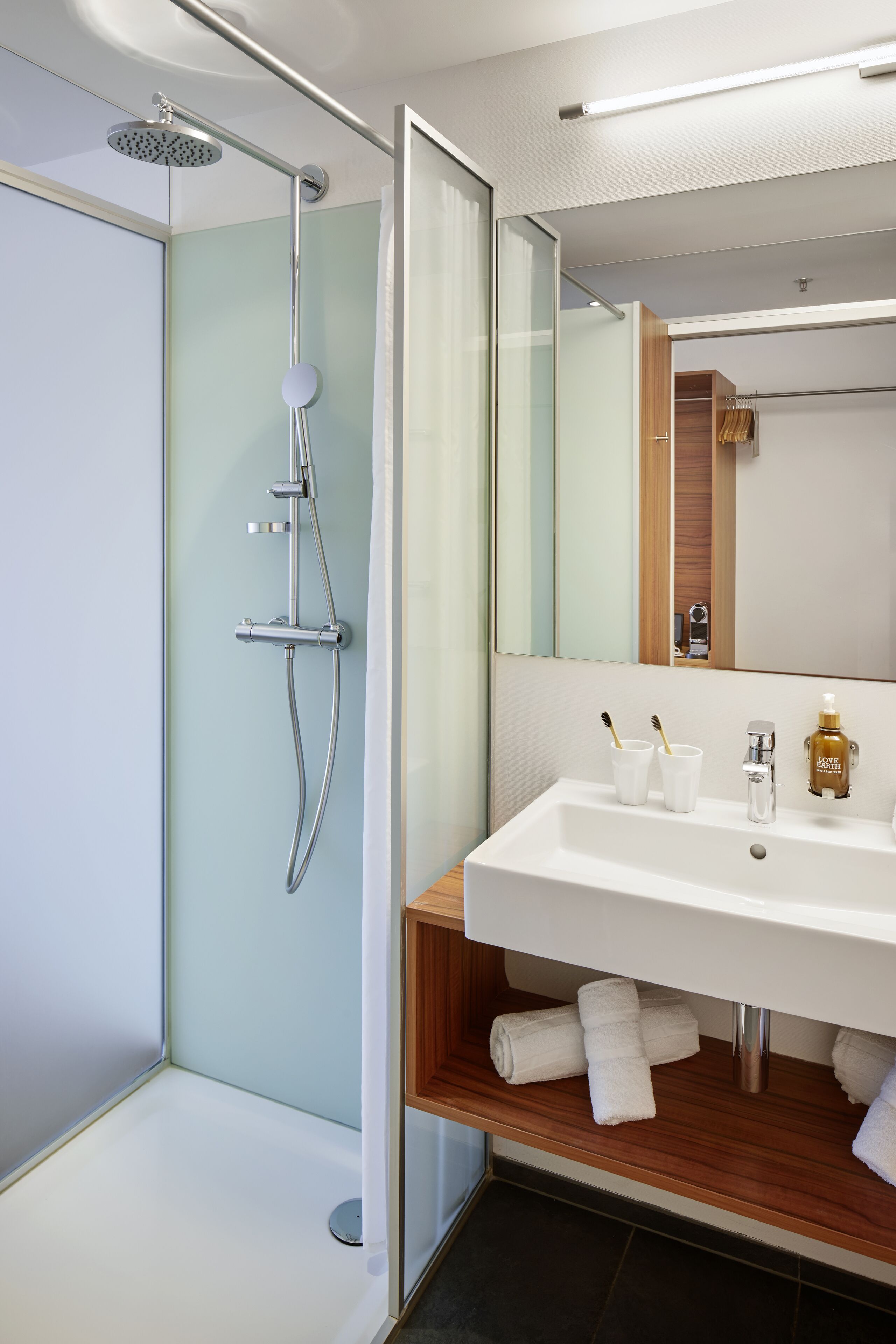 shower, eco-friendly toiletries, hair dryer, bathrobes