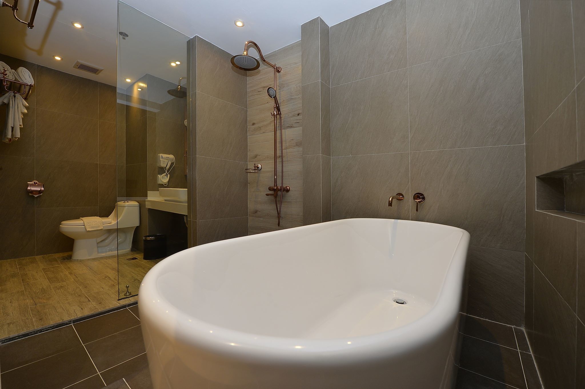 rose loft room | bathroom | shower, free toiletries, hair dryer, bathrobes
