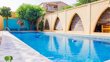 Indoor pool, pool umbrellas, lifeguards on site