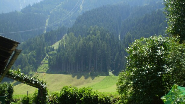 A garden with a lawn chair and a table, surrounded by greenery and a mountain view. - Scheulinghof (Mayrhofen)