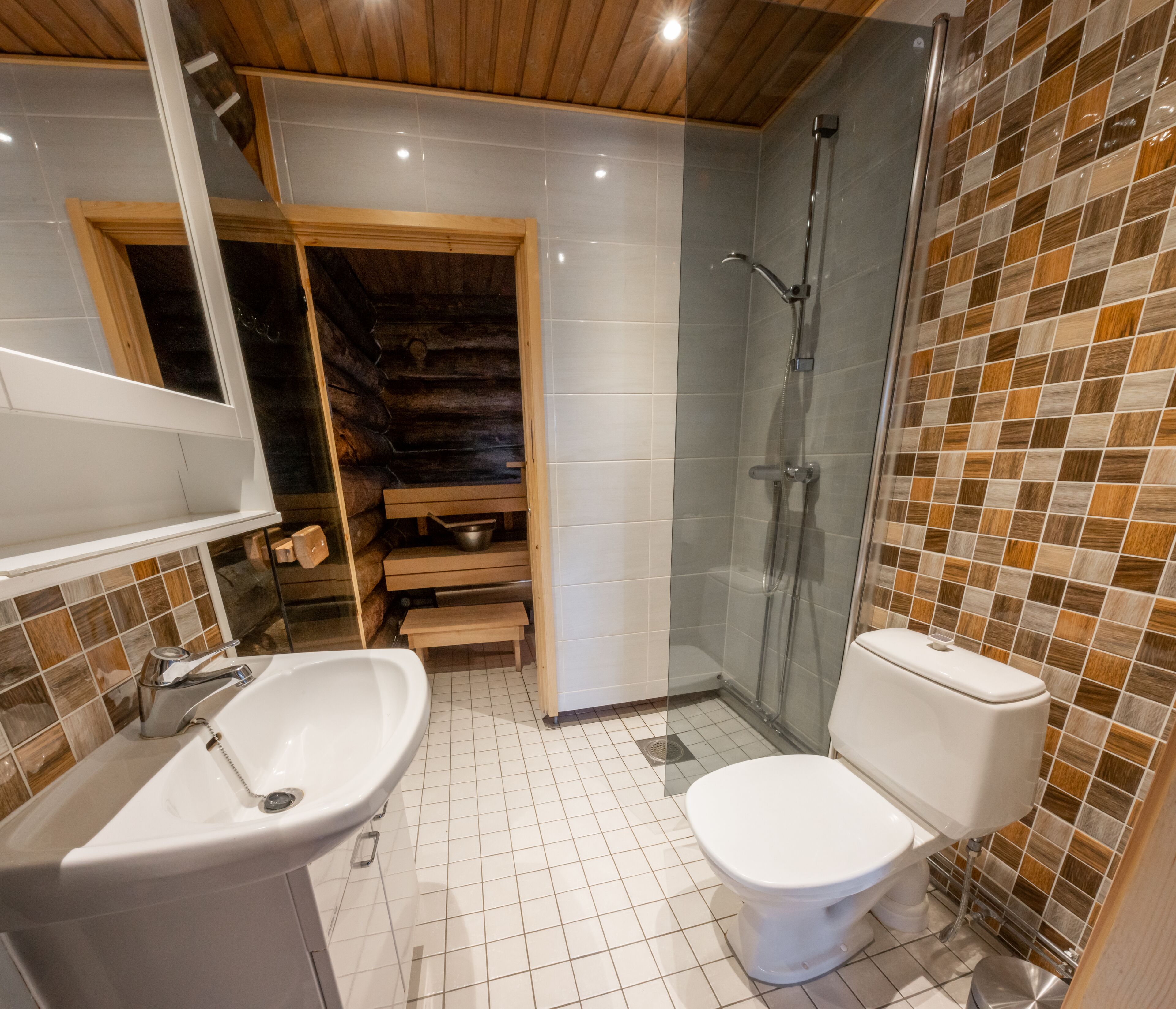 A bathroom with a sink, toilet, and shower.