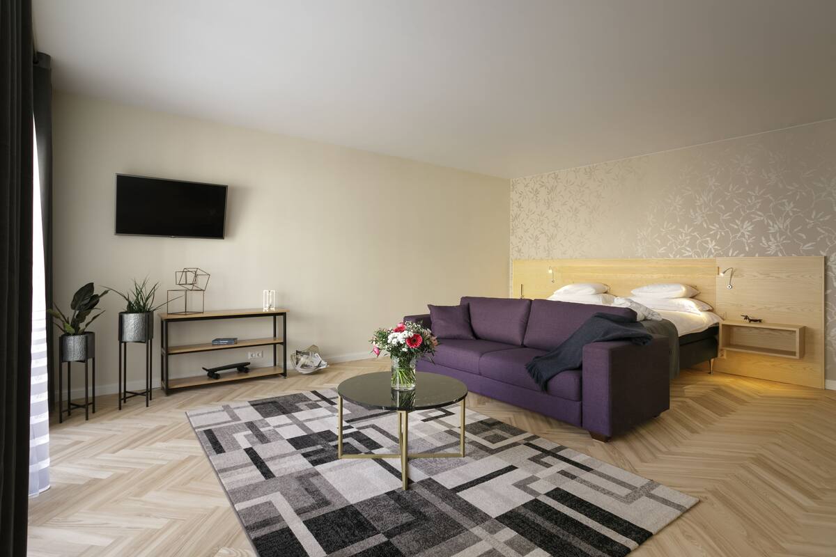 Una sala moderna con un sofá, una mesa de centro, un televisor montado en la pared, una cama con cabecera y una alfombra estampada.