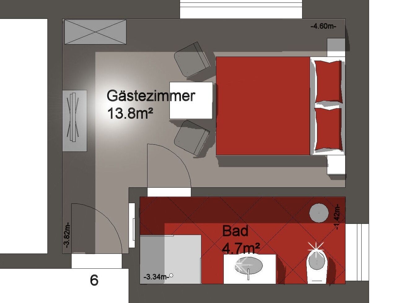 A hotel room layout with a ensuite bathroom (13.8m²), a bedroom (4.7m²), and a sitting area (6m²).