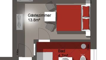 A hotel room layout with a ensuite bathroom (13.8m²), a bedroom (4.7m²), and a sitting area (6m²).