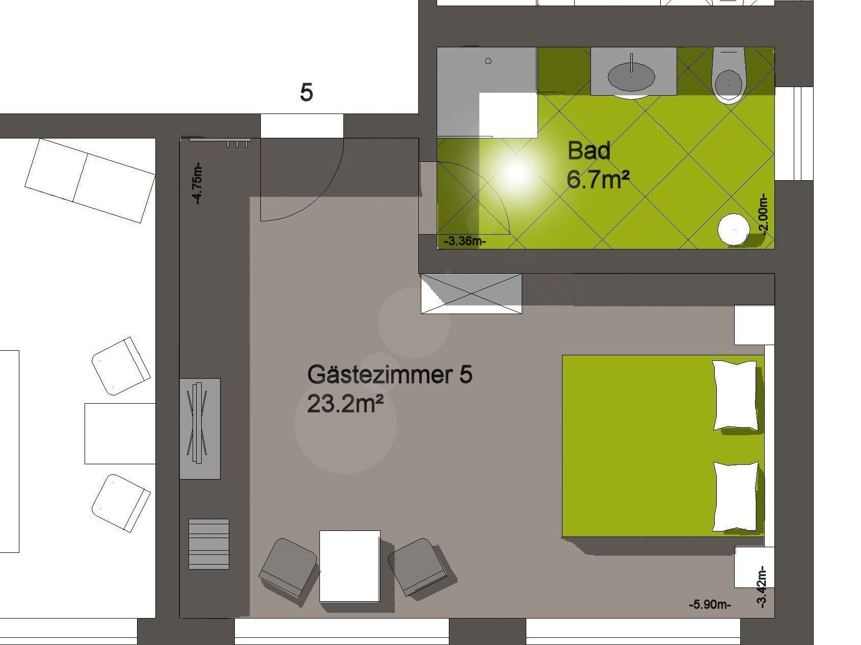 A hotel layout with a 5-room suite (23.2m²) and a 6.7m² outdoor area.