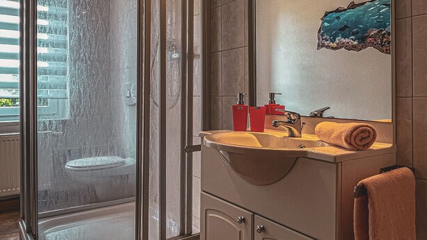 Un baño con ducha envuelta en vidrio, un lavabo con espejo y un perchero para toallas.