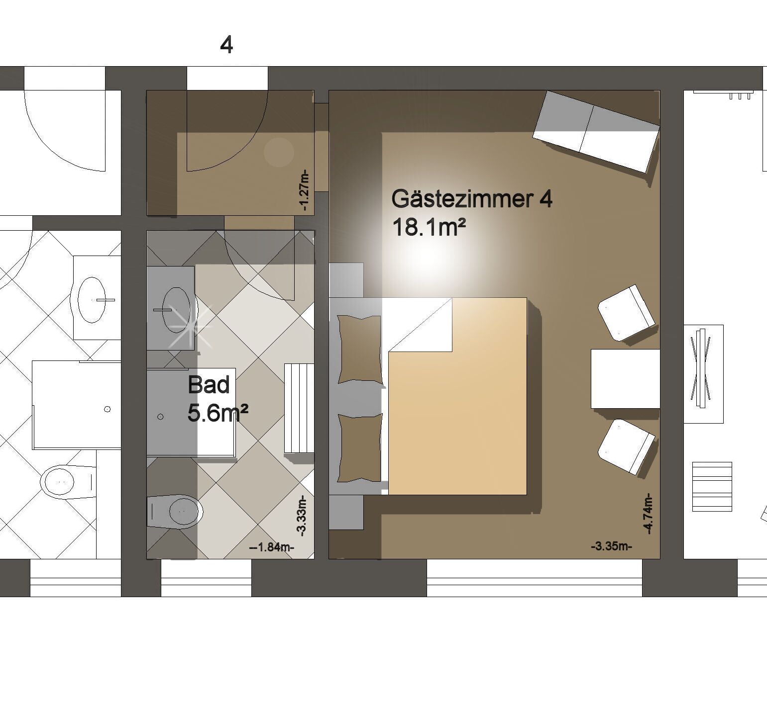 A floor plan of a hotel room labeled "Gästezimmer 4" with an area of 18.1m². It includes a bed, a small seating area, and a bathroom.