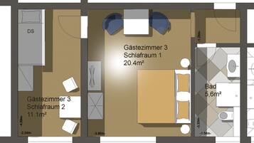 En planløsning for et hotelværelse med tre gæsteværelser, et badeværelse og et DS-værelse.