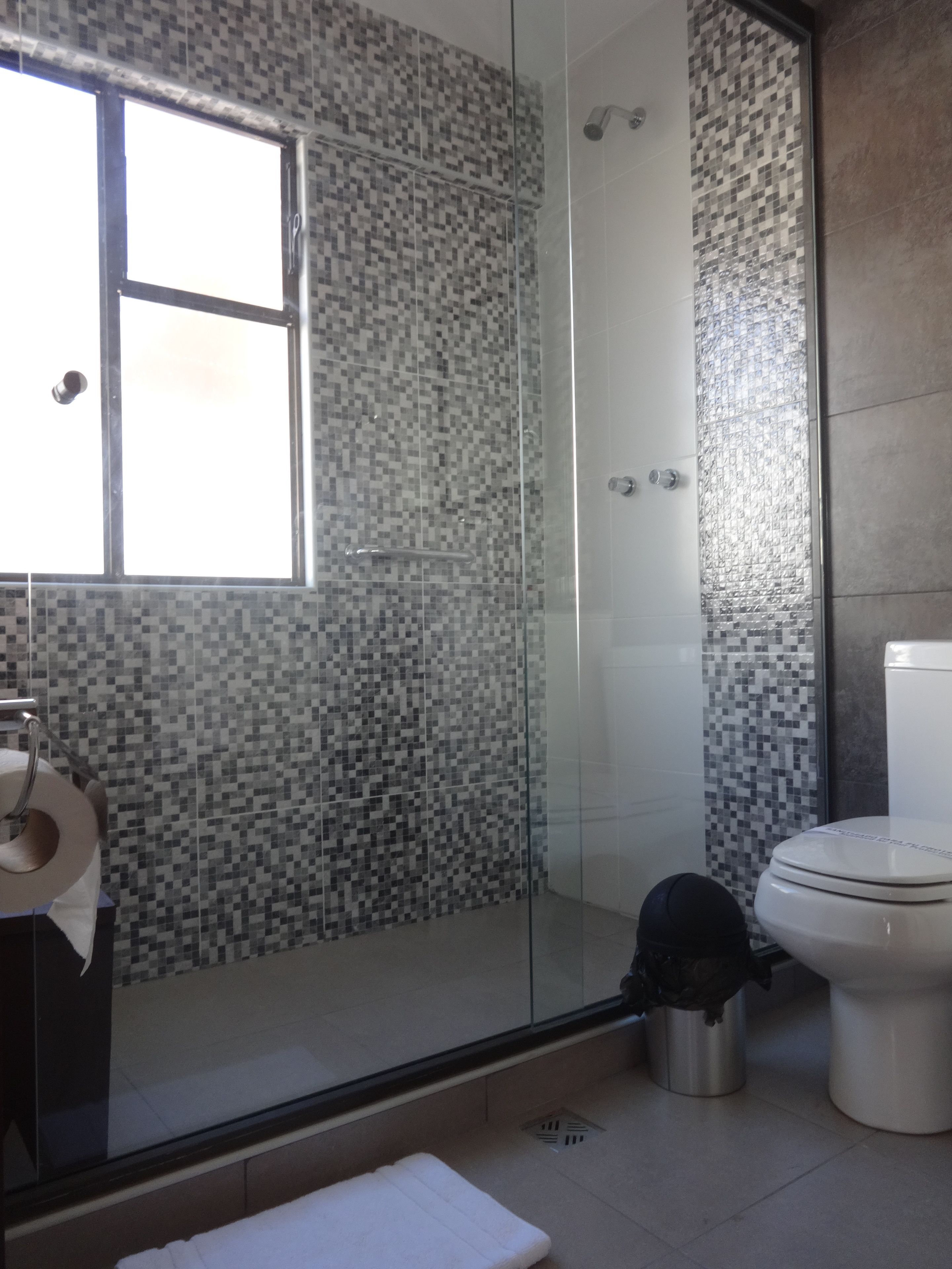 Une salle de bain avec une douche à parois de verre, des toilettes et un lavabo.