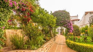 A stone pathway leading through a lush garden with flowering plants and a stone wall. - El Jardin De Su Merced B&B (Sucre)