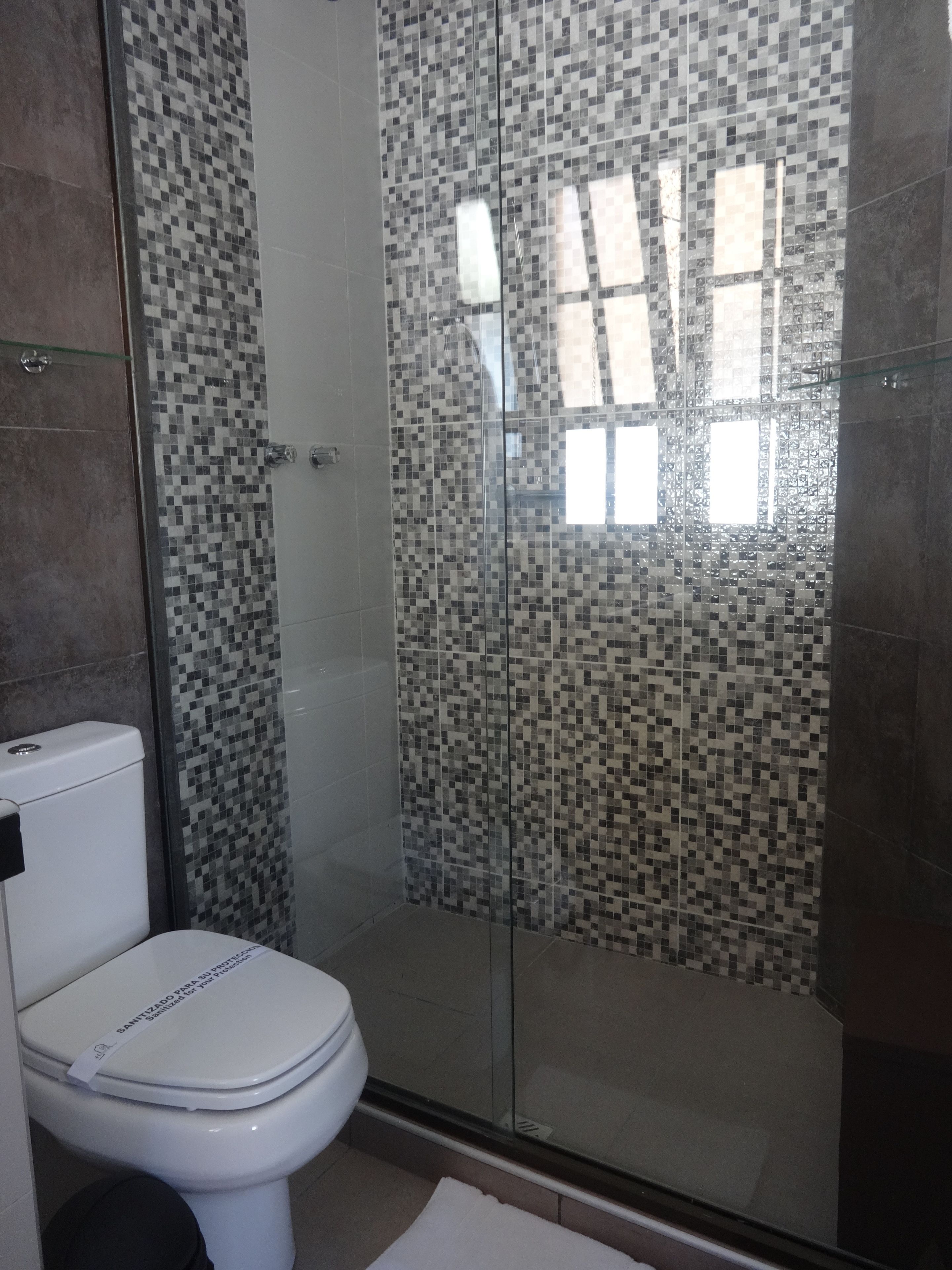 A bathroom with a toilet, a shower with a glass door, and tiled walls.