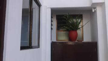 A building entrance with a dark wooden door, a potted plant on a shelf, and a window with blinds.