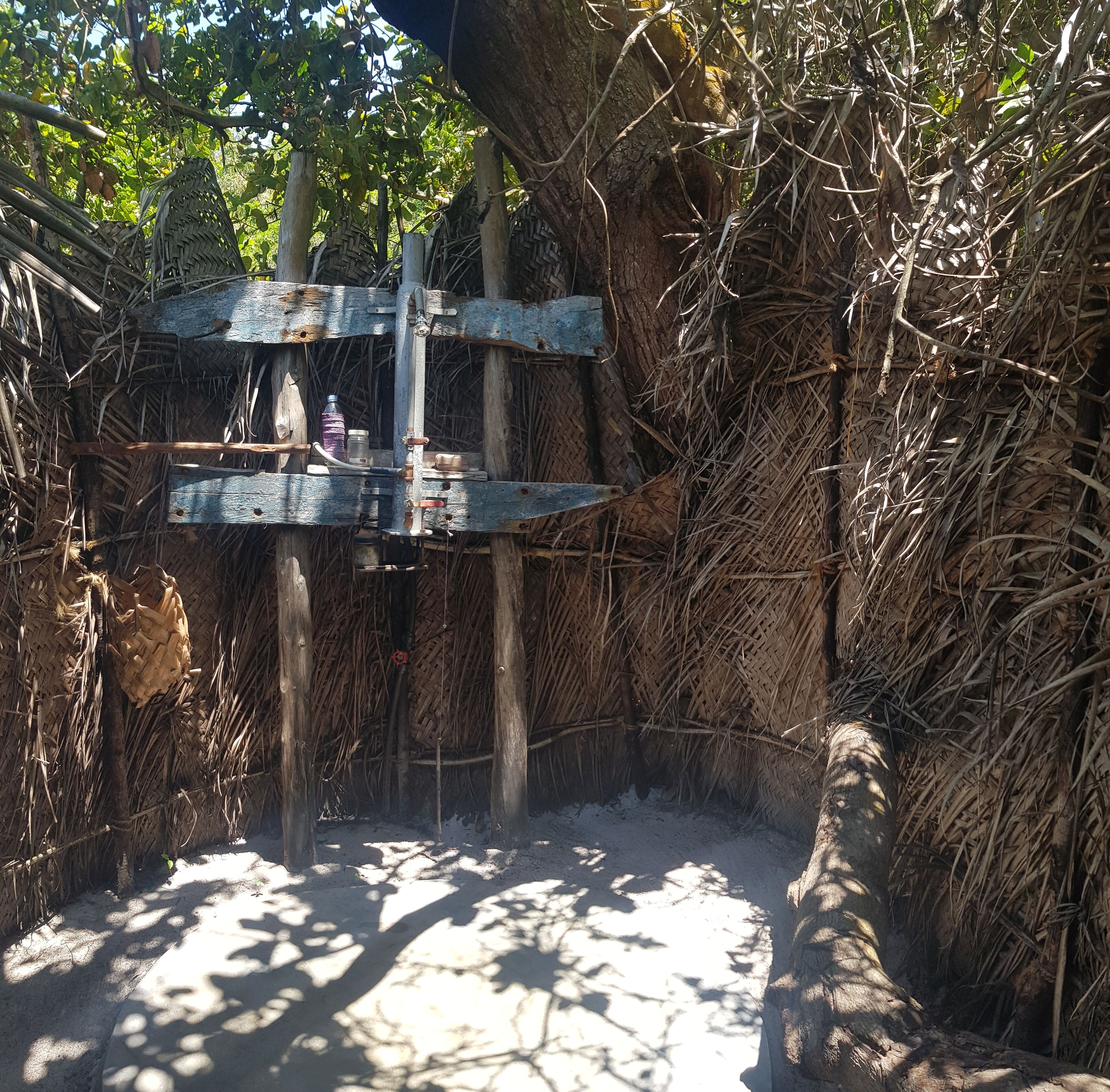 A rustic outdoor structure with a metal frame, wooden beams, and a thatched roof, surrounded by dense foliage and trees.