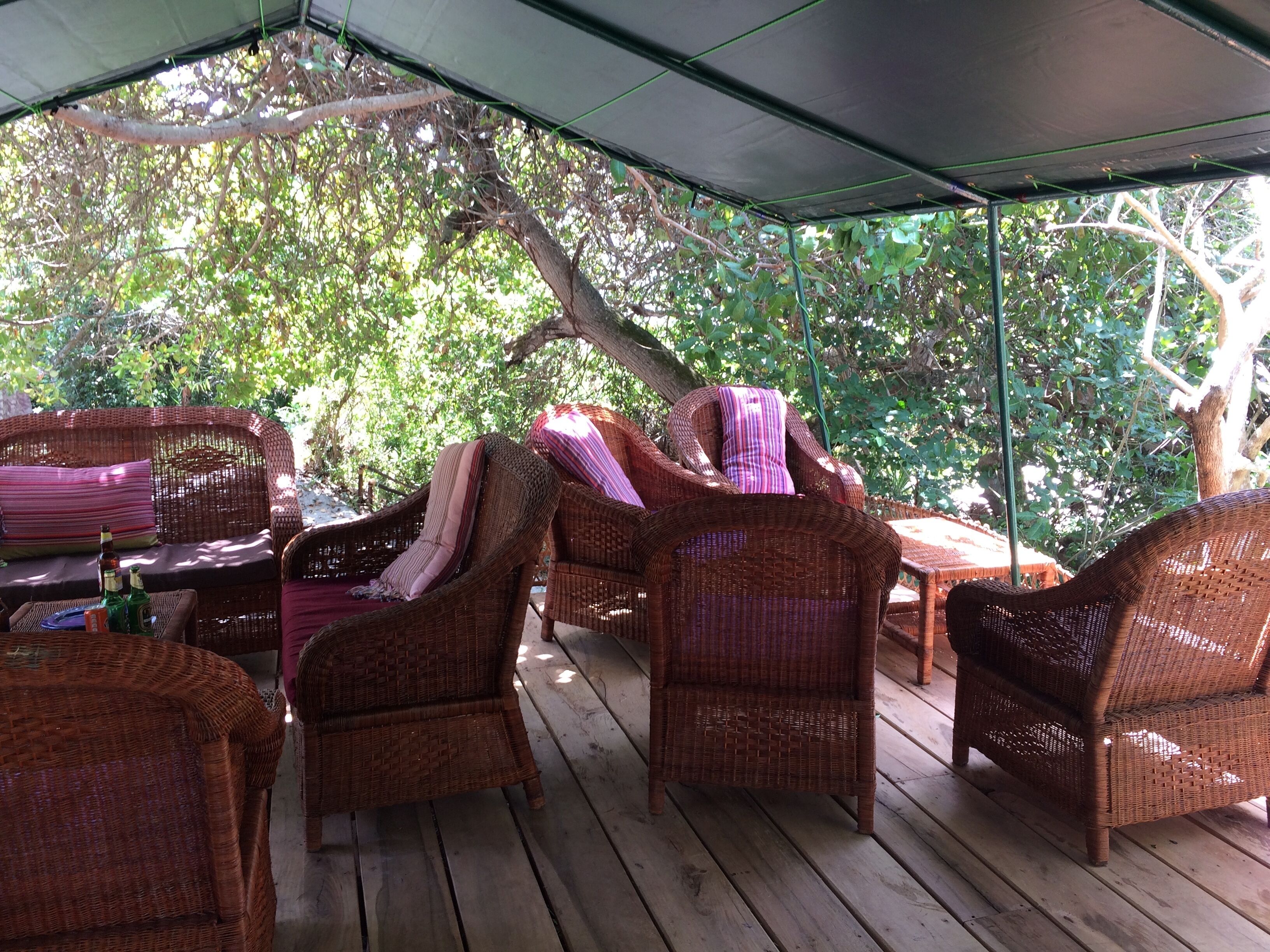 An outdoor covered patio area with wicker furniture, including chairs and a sofa, under a green canopy.