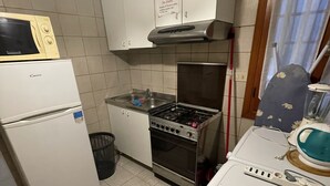 A compact kitchen with a refrigerator, microwave, stove, and a washing machine. - Admiral Home (Venice)