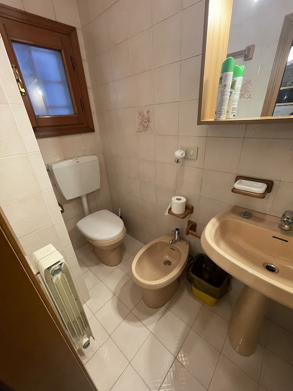 A small bathroom with a toilet, bidet, sink, and a mirror.