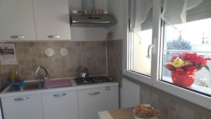 A kitchen with a sink, stove, and window with a view of flowers outside. - B&B San Vitale (Bologna)