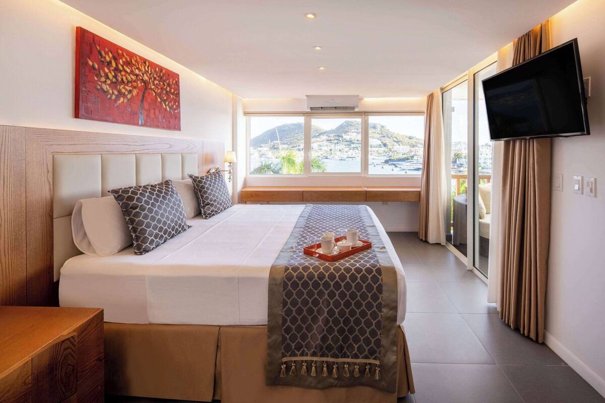 Habitación de hotel con cama, televisor, ventana con vista a la ciudad y las montañas, y un cuadro en la pared.