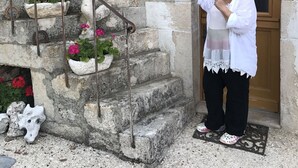 Edifici de pedra amb una porta de fusta i una escala metàl·lica amb testos de flors.