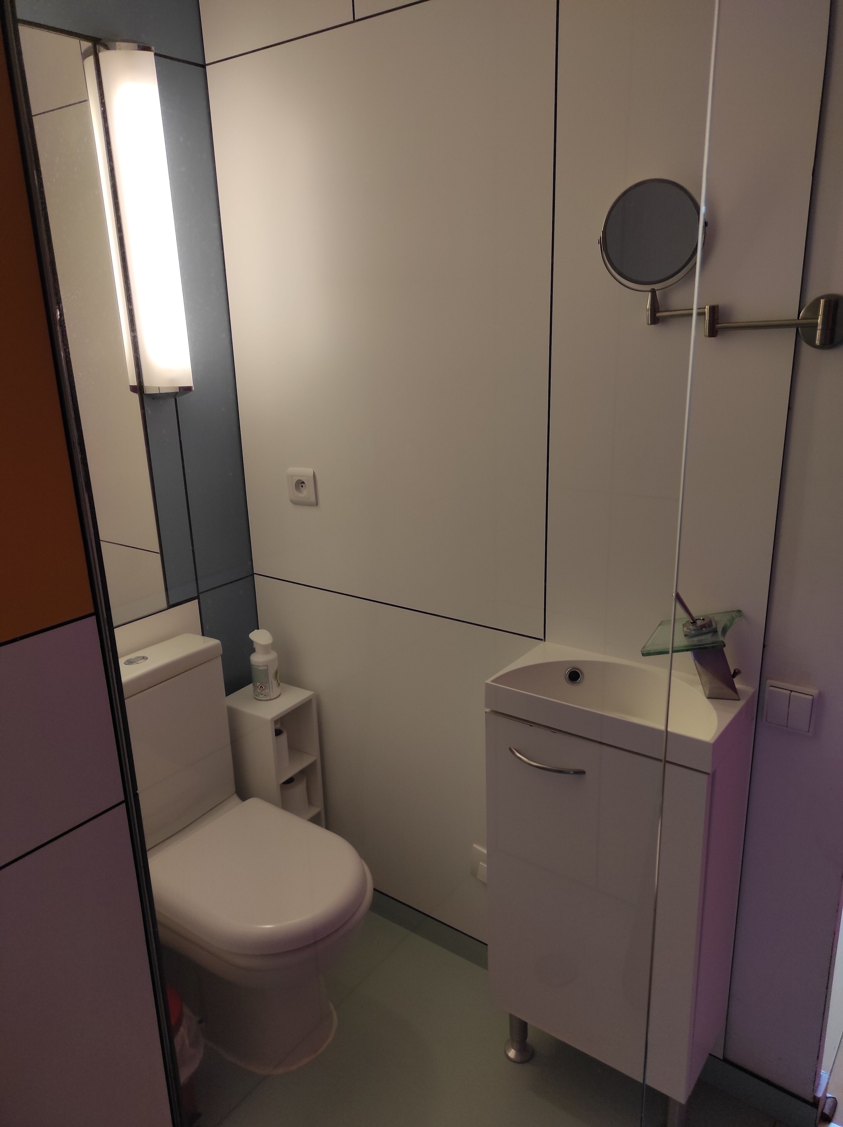 Ein kleines Badezimmer mit Toilette, Waschbecken und Spiegel.