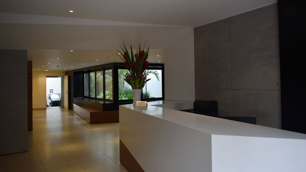 A modern reception area with a white reception desk, a potted plant, and a view of the outdoors through large windows. - The Luxus Flat Miraflores (Lima)
