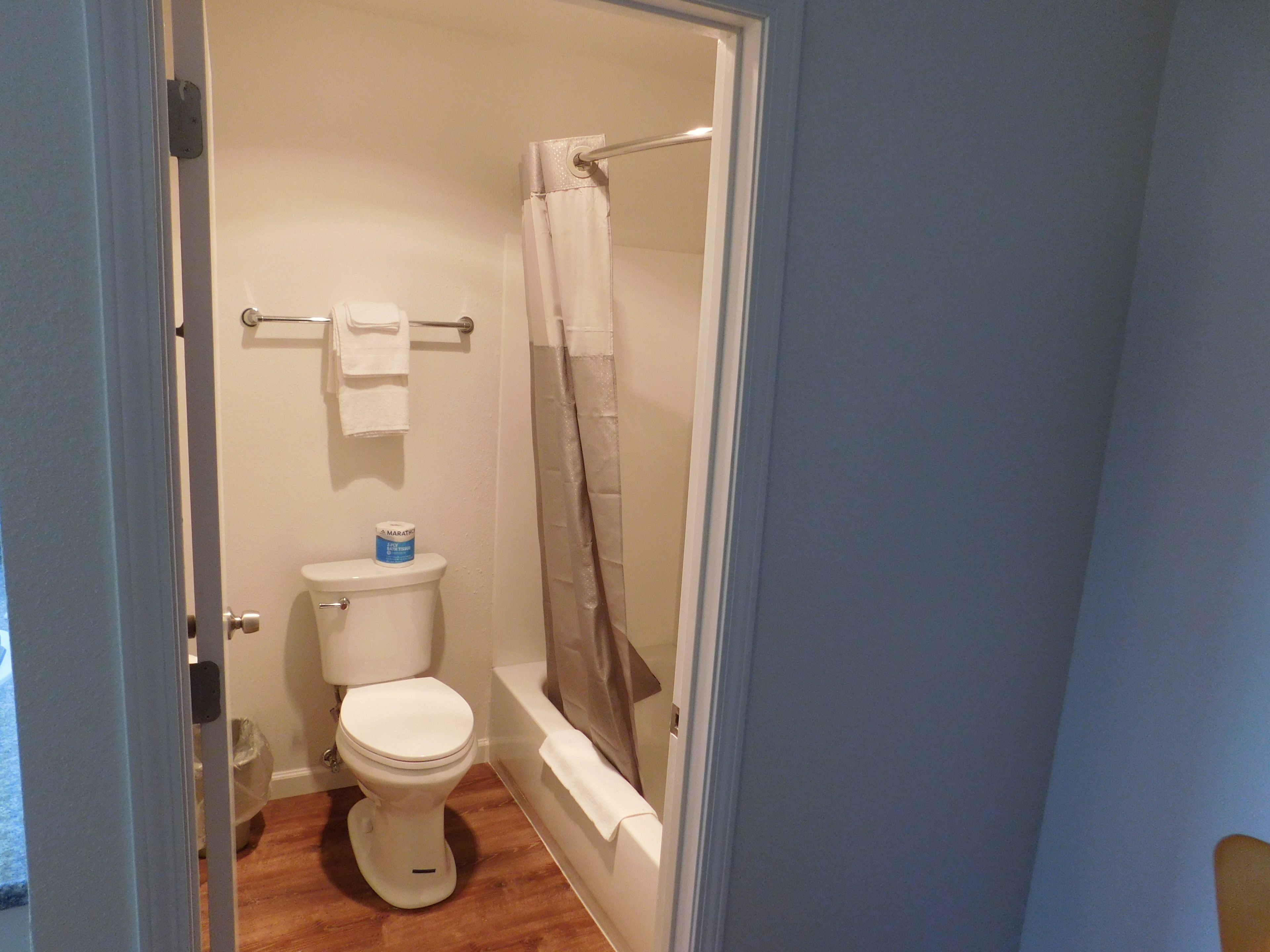 A small bathroom with a toilet, a bathtub, and a shower curtain.