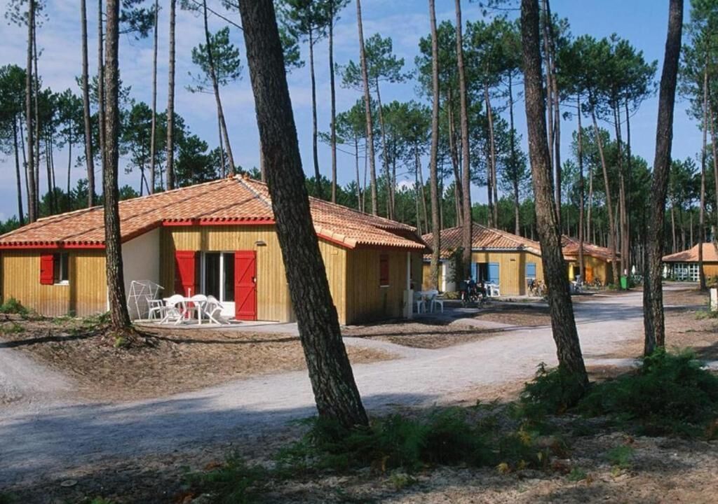 Una hilera de cabañas con puertas rojas, rodeadas de altos pinos.