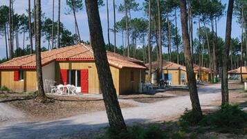 Una hilera de cabañas con puertas rojas, rodeadas de altos pinos.