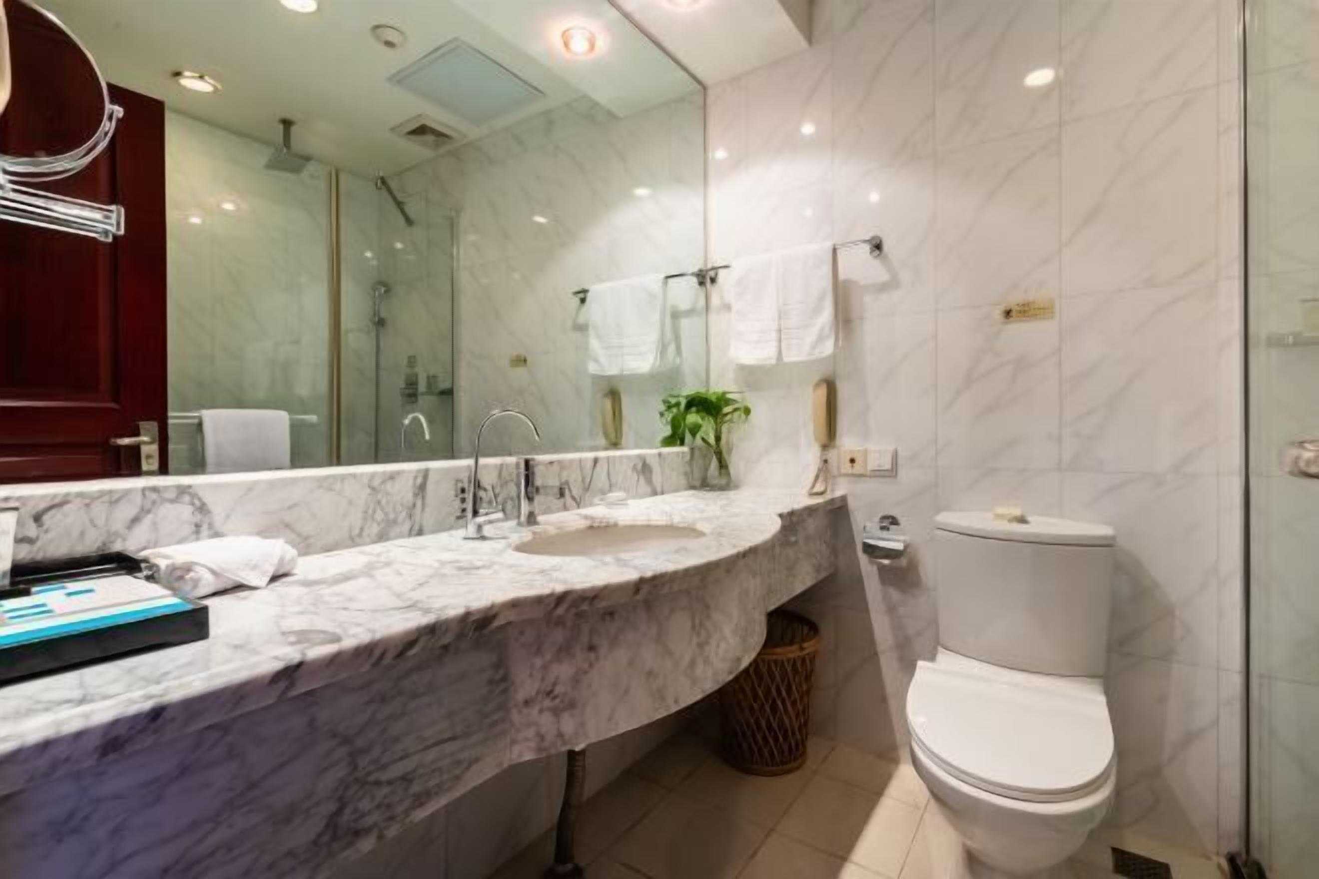 Un baño con lavamanos de mármol, cabina de ducha con mampara de vidrio y retrete blanco.
