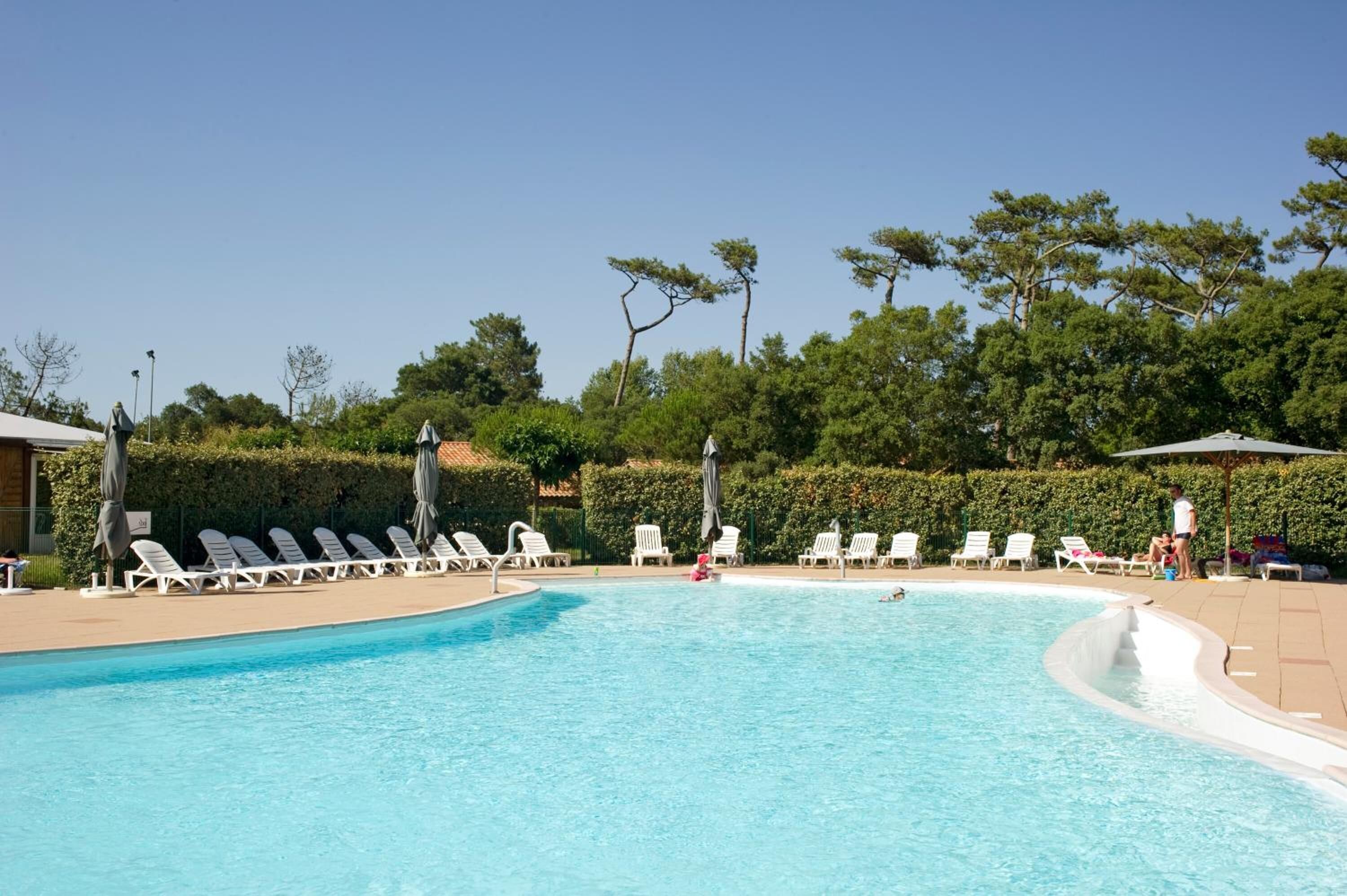 Una piscina con sillones blancos y sombrillas, rodeada de follaje y árboles.