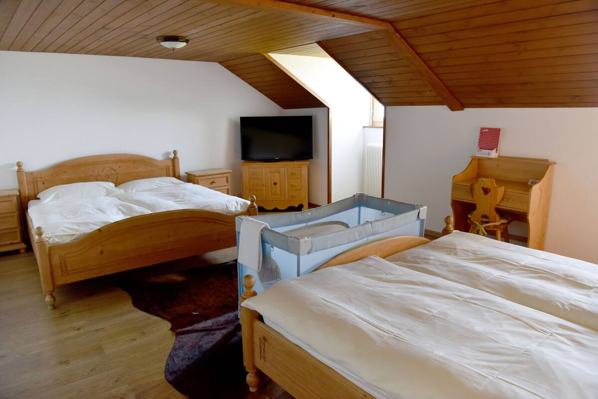 A bedroom with two wooden beds, a television, and a wooden dresser.