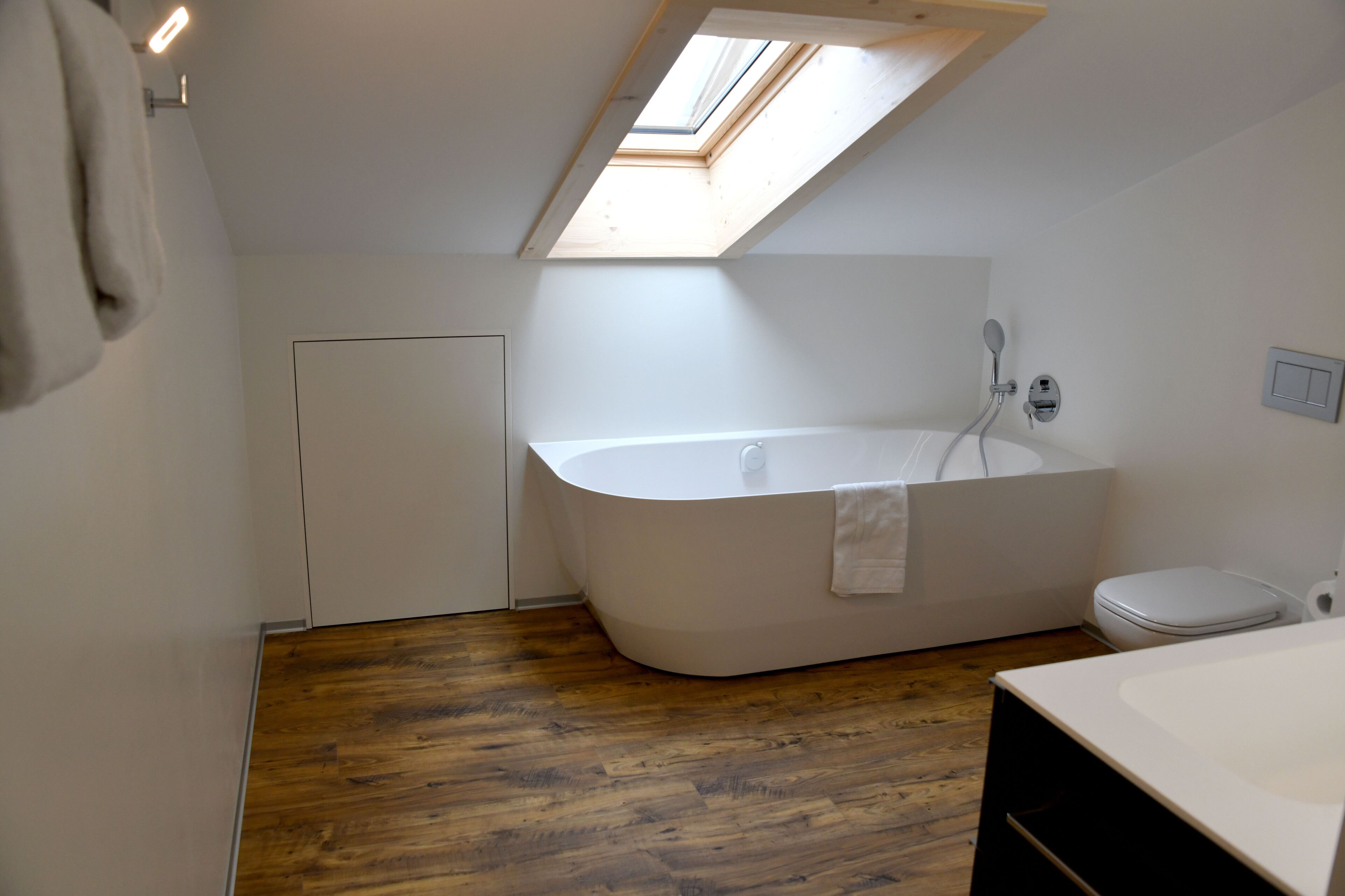 A modern bathroom with a skylight, a freestanding bathtub, a toilet, and a wooden floor.