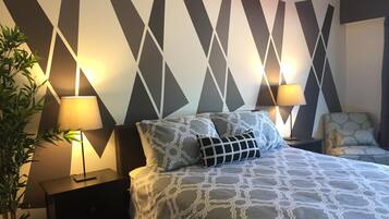 Desk, blackout drapes, soundproofing, iron/ironing board