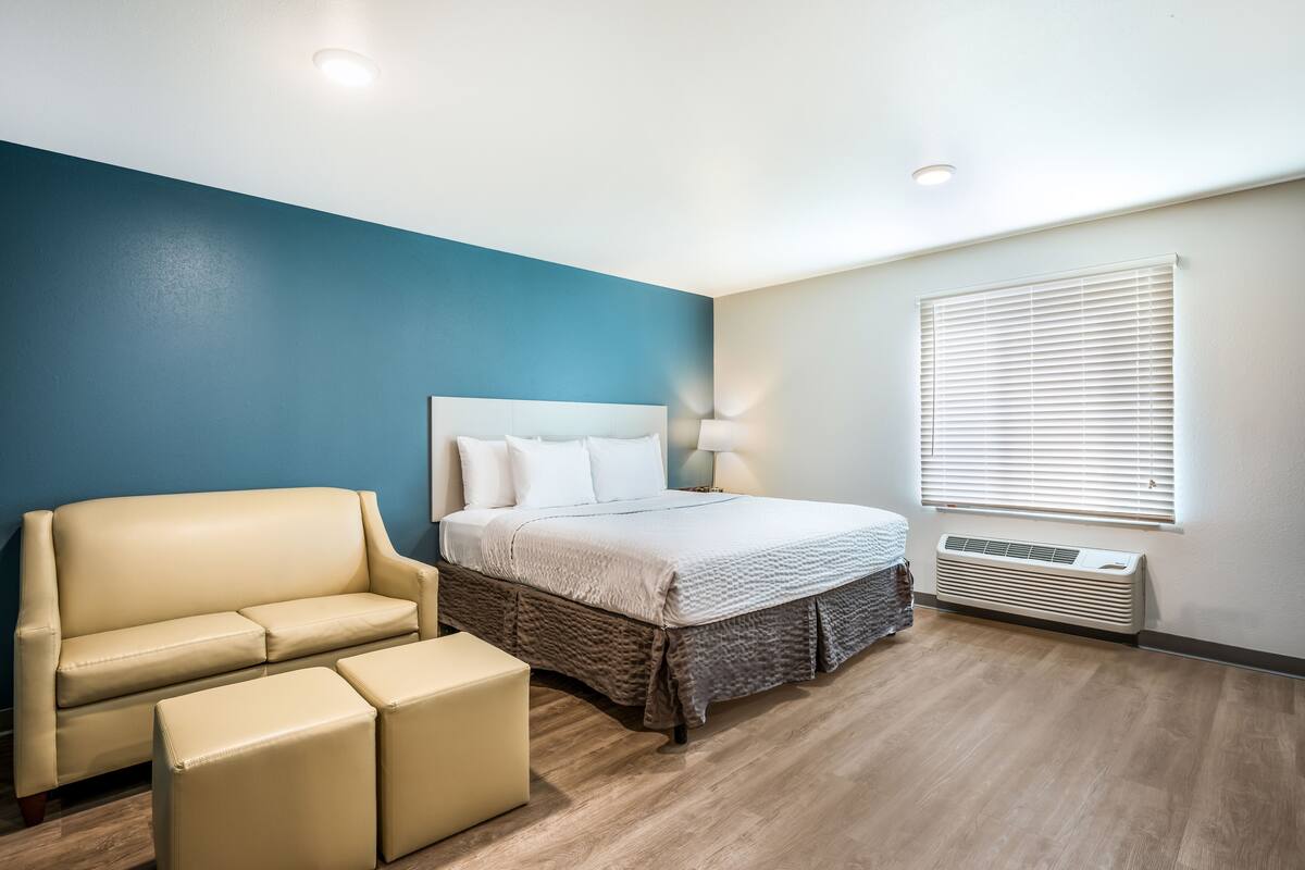 A bedroom with a bed, a sofa, and a heater.