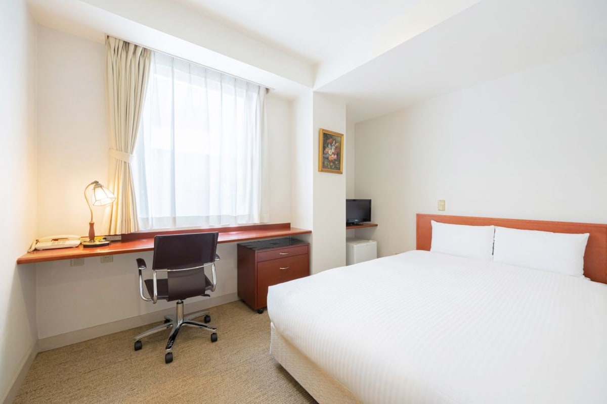 Una habitación de hotel con cama, escritorio, silla y televisión.