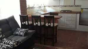 Apartamento básico, 1 cama doble con sofá cama, fumadores, vistas a la ciudad | Cocina privada | Cafetera o tetera, frigorífico y utensilios de cocina