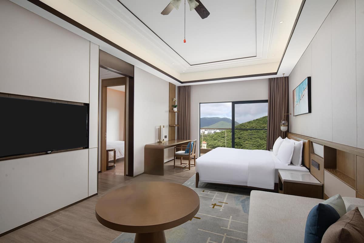 A hotel room with a bed, a desk, a TV, and a view of the outdoors.